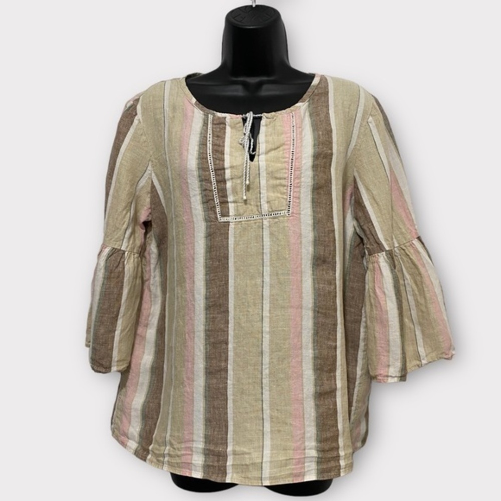 Ellen Tracy 100% Linen Neapolitan Striped Earth Tone Bell Sleeve Top Size Large